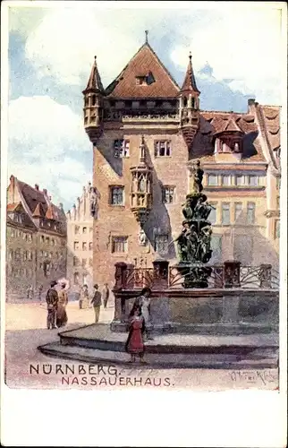 Künstler Ak Nürnberg, Nassauer Haus mit Springbrunnen