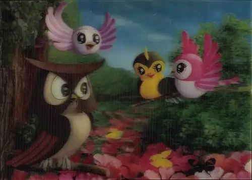 3-D Ak Eule und drei Vögel auf einem Ast, Schmetterlinge, Blumen