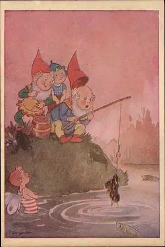 Künstler Ak Zwerge beim Angeln, Misslungener Fang, Fische