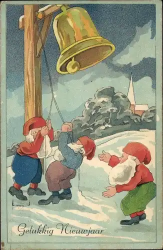 Ak Glückwunsch Neujahr, Zwerge, Glocke, Schnee, Winter