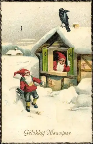 Ak Glückwunsch Neujahr, Zwerge an einem Haus, Krähe, Winter