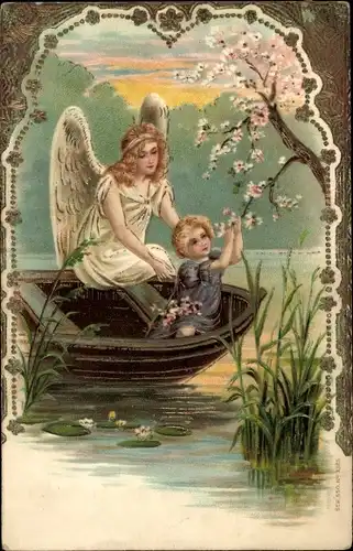 Präge Litho Engel, Schutzengel, Kind im Boot
