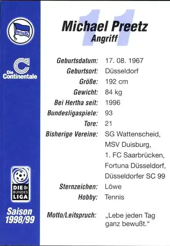 Sammelbild Fußballspieler Michael Preetz, Hertha Berlin