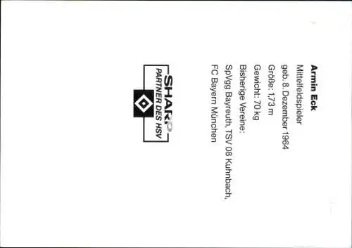 Sammelbild Fußballspieler Armin Eck, Hamburger SV