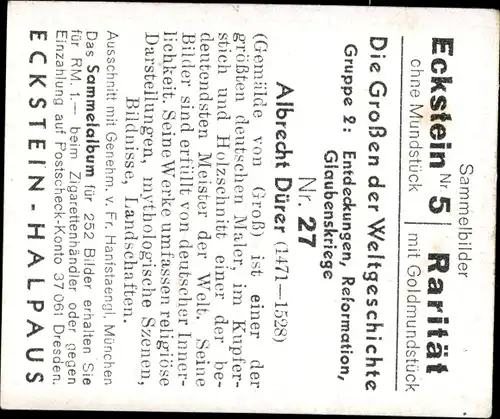 Sammelbild Die Großen der Weltgeschichte Gruppe 2 Nr. 27, Albrecht Dürer, Gemälde von Groß