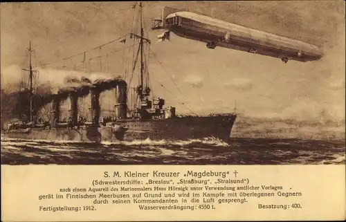 Künstler Ak Hörnigk, Hans, Deutsches Kriegsschiff, SMS Magdeburg, Kleiner Kreuzer, Zeppelin