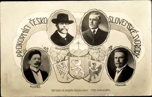 Ak Průkopníci česko-slovenské svobody, Masaryk, Wilson, Klofáč, Kramář, Wappen