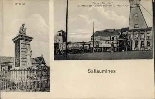 Ak Sallaumines Pas de Calais, Denkmal, Zeche Courrier, Katastrophe 10. März 1906, Grubenunglück