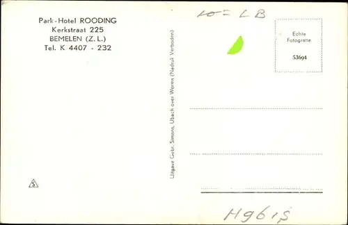 Ak Bemelen Limburg Niederlande, Park-Hotel Rooding