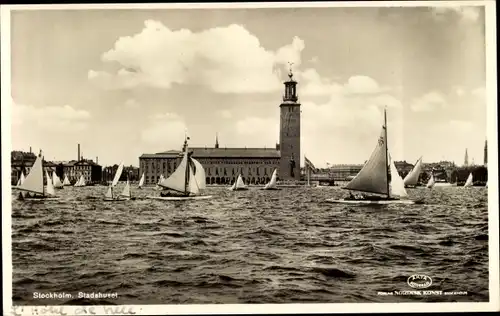 Ak Stockholm Schweden, Stadshuset, Rathaus, Segelpartie