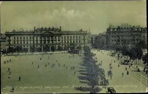 Ak Leipzig in Sachsen, Augustusplatz, Hauptpost und Blick in den Grimmaischen Steinweg