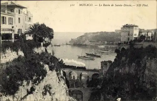 Ak Monaco, Le Ravin de Sainte Dévote, Schlucht, Viadukt, Dampflok
