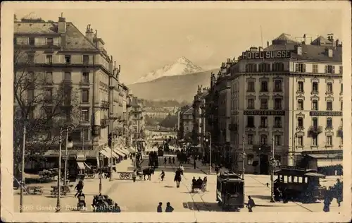 Ak Genève Genf Stadt, Rue du Mont Blanc, Hotel Suisse, Straßenbahnen