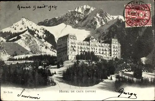 Ak Montreux Kt. Waadt Schweiz, Hôtel de Caux en Hiver, Winter