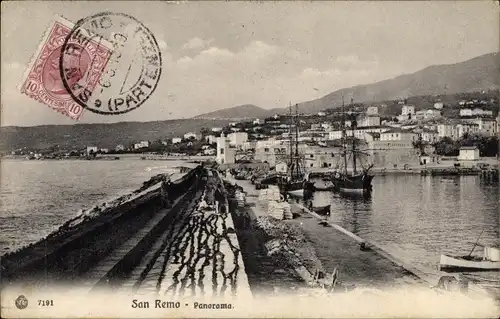 Ak San Remo Ligurien, Panorama, Hafen, Segelschiffe