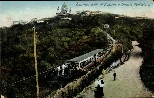 Ak Torino Turin Piemonte, Colle di Superga e ferrovia Funicolare, Eisenbahn