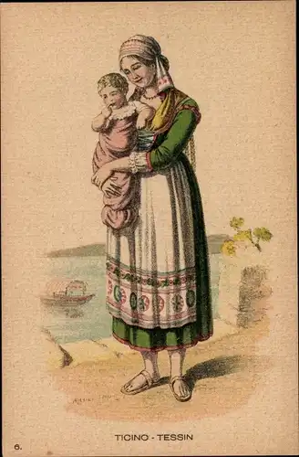 Ak Kanton Tessin, Frau in schweizerischer Tracht, Kind