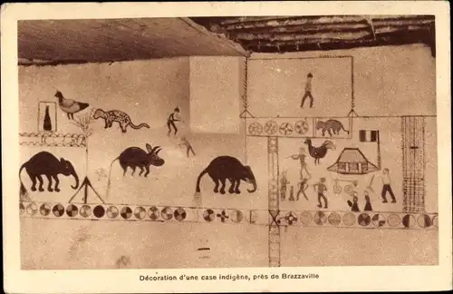 Ak Brazzaville Französisch Kongo, Decoration d'une case indigene