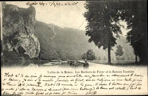Ak Freyr Hastière Wallonien Namur, Vallée de la Meuse, Les Rochers et le Bateau Touriste