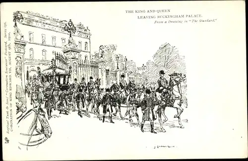 Künstler Ak City of Westminster London England, The King and Queen leaving Buckingham Palace