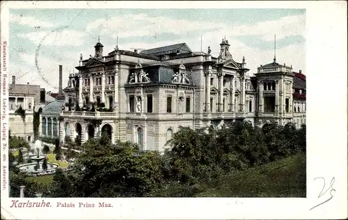 Ak Karlsruhe in Baden Württemberg, Blick auf das Palais Prinz Max, Springbrunnen