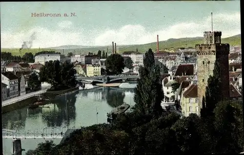 Ak Heilbronn in Baden Württemberg, Blick auf den Ort, Fluss, Brücke, Turm