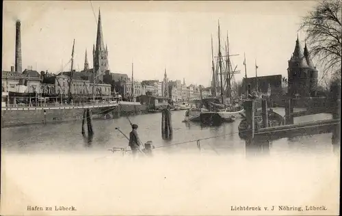 Ak Hansestadt Lübeck, Hafen, Segelschiff, Kirche