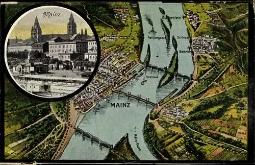 Ak Mainz am Rhein, Teilansicht, Landkarte mit Kastel, Petersaue, Biebrich und Mainmündung