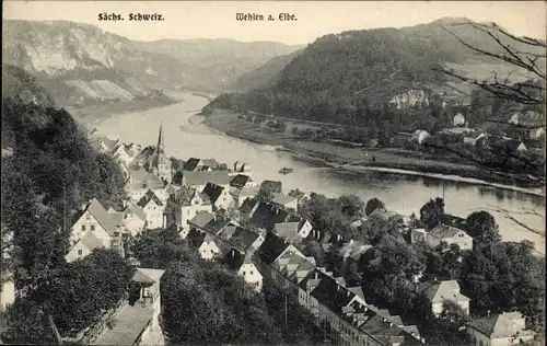 Ak Wehlen an der Elbe Sachsen, Sächsische Schweiz, Elbe, Teilansicht Ort, Blick auf Fähre