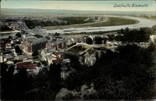 Ak Dresden Loschwitz, Blasewitz, Panorama mit Brücke