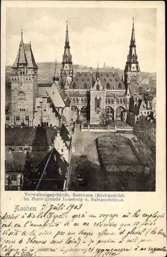 Ak Aachen in Nordrhein Westfalen, Verwaltungsgebäude, Rathaus, Rückansicht, im Hintergrund Lousberg