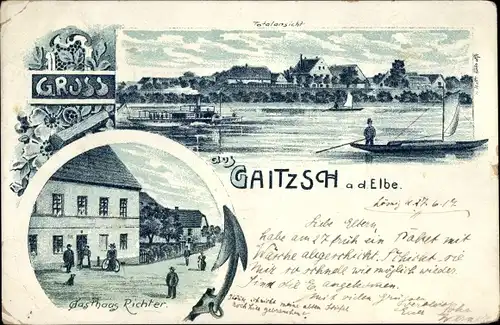 Litho Gaitzsch Mühlberg an der Elbe, Gasthaus Richter, Totalansicht