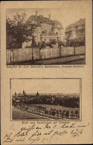 Ak Dresden Südost Strehlen, Sanatorium, Dr. Curt Schmidt, Stadtpanorama