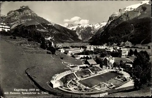 Ak Engelberg Kanton Obwalden Schweiz, Totalansicht mit Hahnen, Spannörter und Titlis