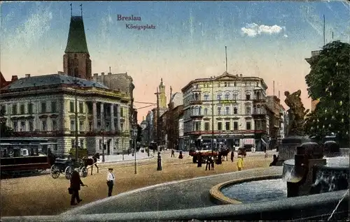 Ak Wrocław Breslau Schlesien, Königsplatz, Straßenbahn, Brunnen