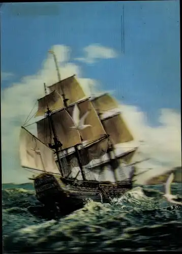 3 D Ak Segelschiff auf See, Dreimaster, Möwen
