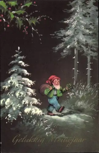 Ak Glückwunsch Neujahr, Zwerg im Wald, Stechpalme