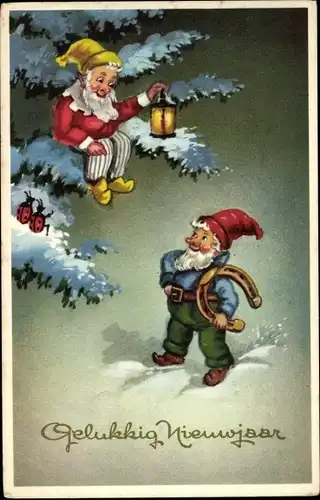 Ak Glückwunsch Neujahr, Zwerge, Tannenbaum, Hufeisen, Marienkäfer, Handlaterne