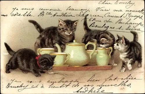 Litho Vier kleine Katzen mit Teeservice