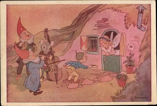 Künstler Ak Musizierende Zwerge und Maus, Elfe