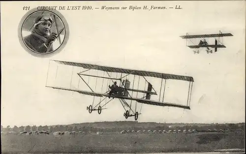 Ak Circuit de l'Est 1910, Weymann sur Biplan H. Farman, Flugpionier, Flugzeug