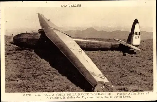 Ak Puy de Dome, l'Auvergne, Vol a Voile de la Banne d'Ordanche, Planeur Avia, Segelflugzeug