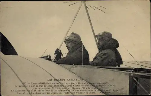 Ak Les Grands Aviateurs, Leon Morane et son frere Robert, monoplan Bleriot