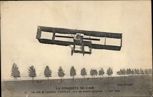 Ak La Conquete de l'Air, aviateur Farman avec son aeroplane, Doppeldecker