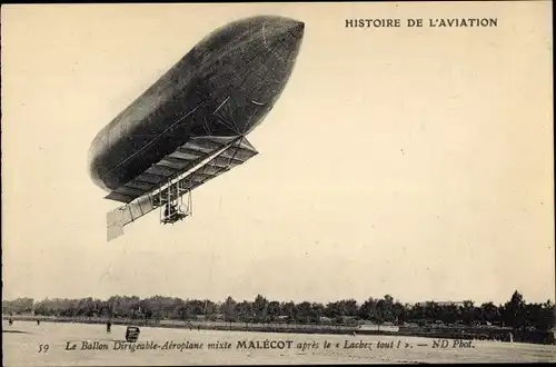 Ak Le Ballon Dirigeable Aeroplane mixte Malecot apres le Lachez tout, Zeppelin, Luftschiff