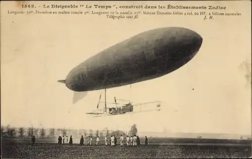 Ak Le Dirigeable Le Temps, construit dans les Etablissements Zodiac, Zeppelin