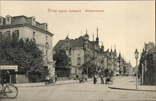 Ak Pirna in Sachsen, Gartenstraße, Restaurant, Radfahrerstation, Litfaßsäule