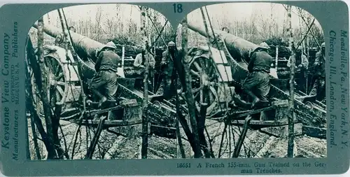 Stereo Foto A French 155 mm gun trained on German Trenches, I WK