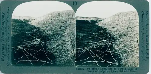 Stereo Foto Thessaloniki Griechenland, Sea of barbed wire in front of Bulgarian Lines, I WK