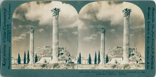 Stereo Foto Athen Griechenland, Two columns of Jupiter's Temple, Acropolis in the distance